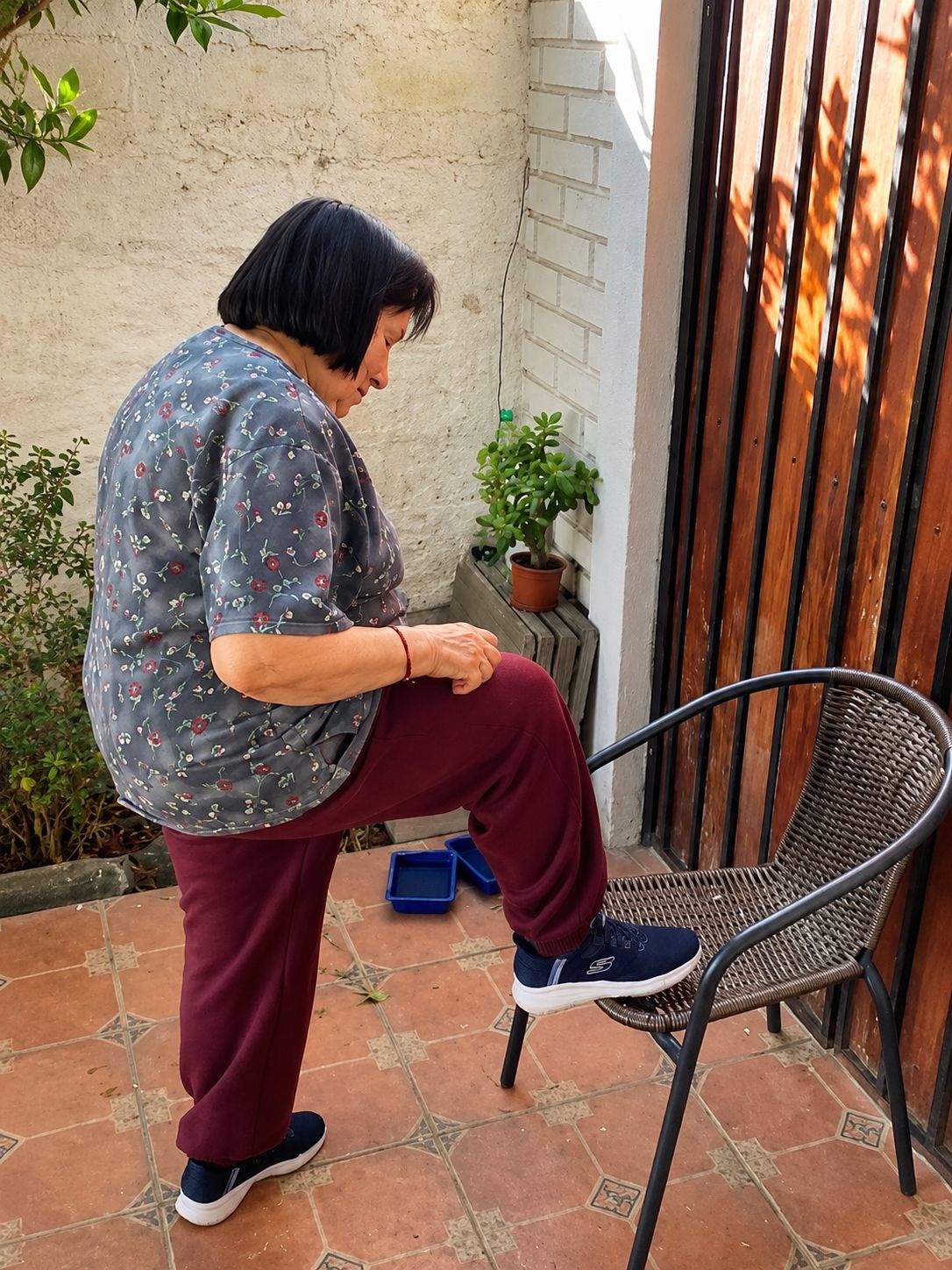 Adulta mayor realizando ejercicio funcional apoyada en una silla