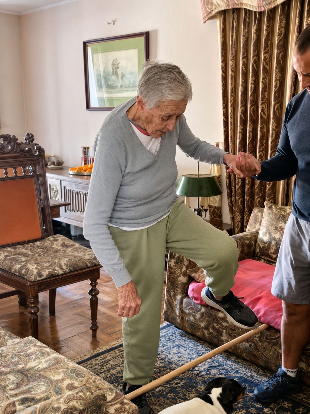 Especialista guiando a una adulta mayor en un ejercicio de equilibrio dentro del hogar
